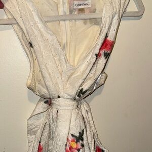 Calvin Klein White Eyelet Midi Dress with Pink Floral Accents